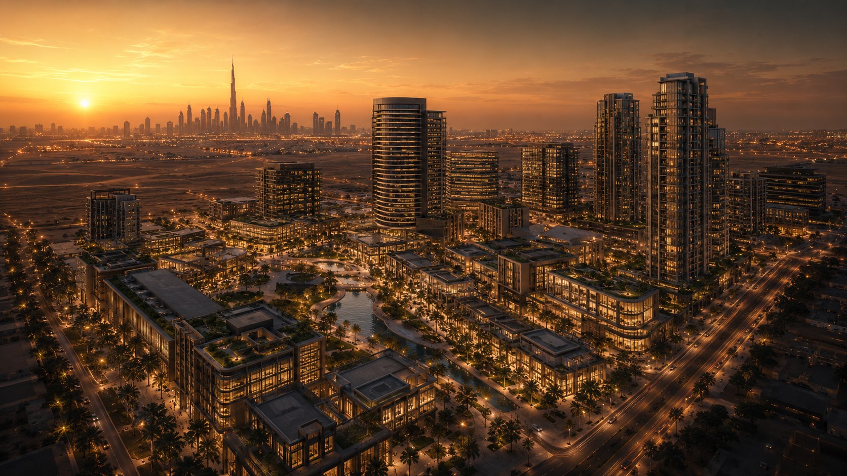 Luxury commercial district at twilight